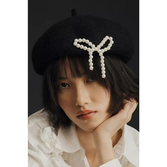 NWT Anthropologie Maeve Pearl Bow Beret One Size Black - Picture 3 of 16